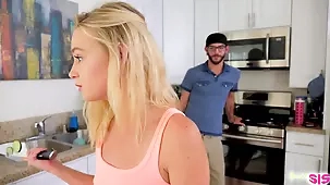 Kenzie Kai's seductive sister gives a steamy blowjob in the kitchen